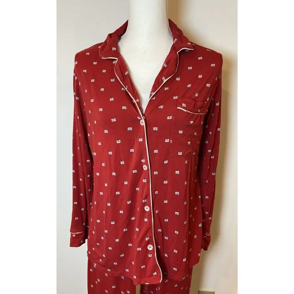 Eberjey 2 Piece Pajama Set Long Sleeve Pants Red Presents Christmas Holiday XS